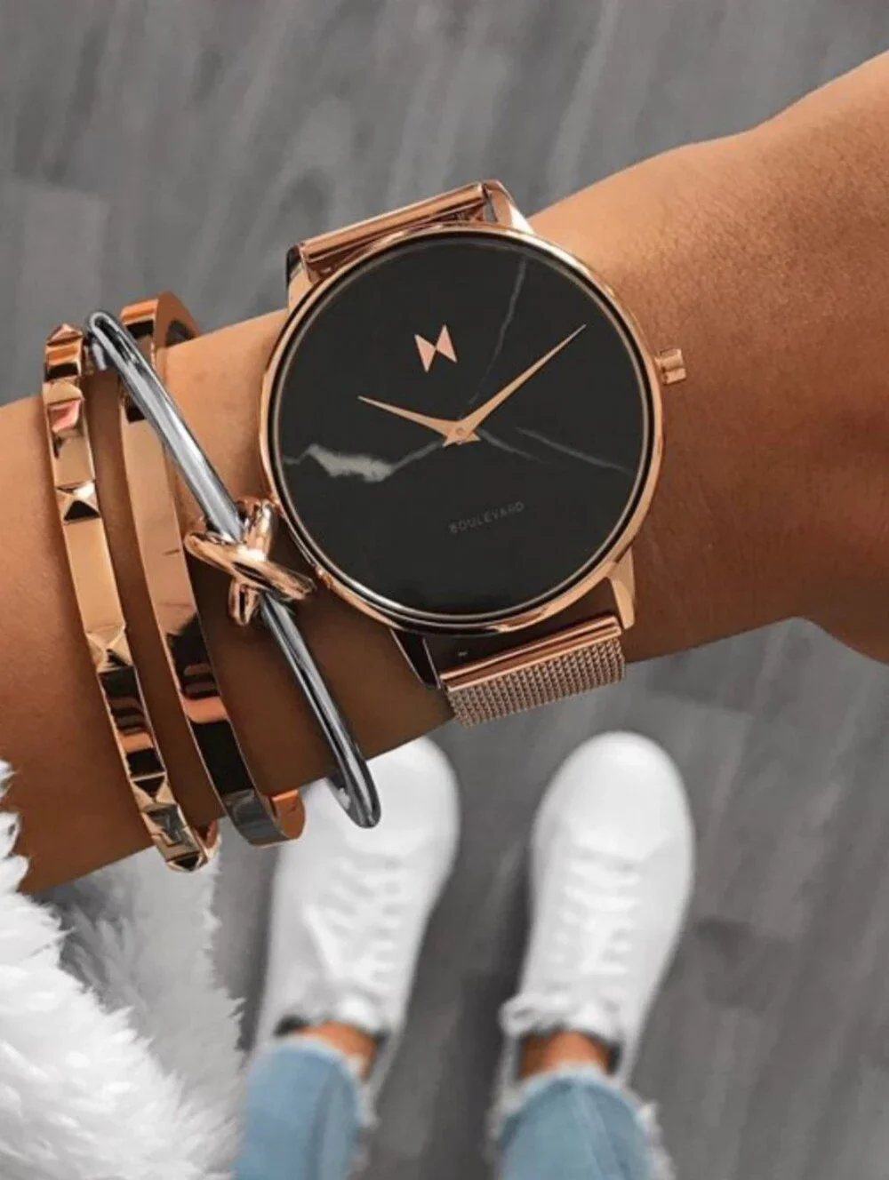 MVMT Boulevard Black Marble Rose Gold Mesh Strap Watch - Black Dial